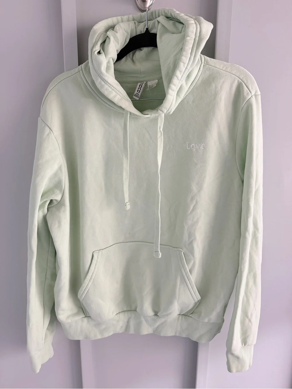 H&M Mint Sage Green Love Embroidered Fleece Hoodie M - Picture 2 of 8